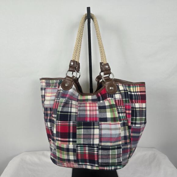Tommy Hilfiger Tote Colorful Plaid Double Shoulder Strap 11" x 12" x 7" - Picture 4 of 16